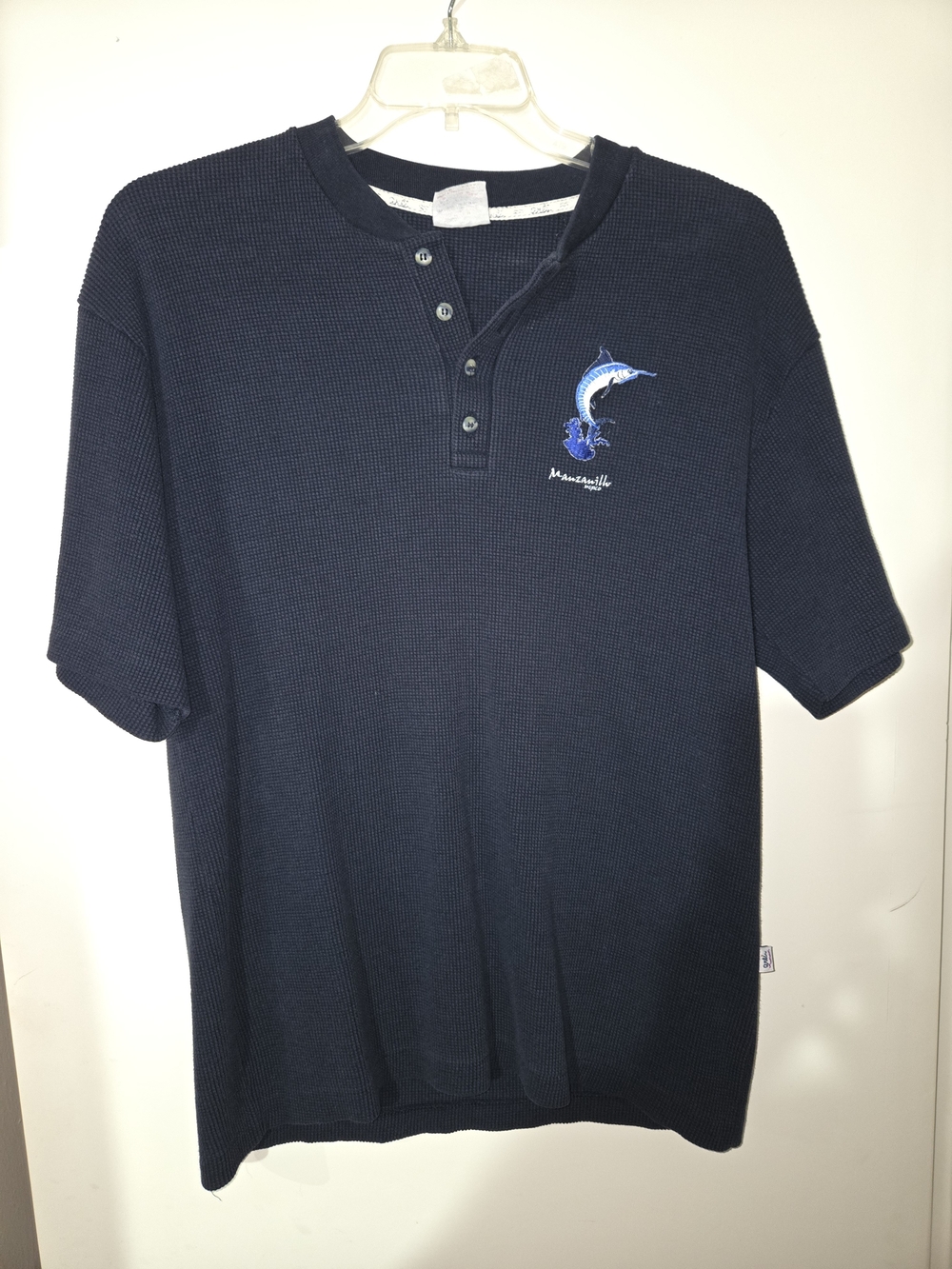 Men's Navy Short-Sleeve Henley with Marlin Embroidery